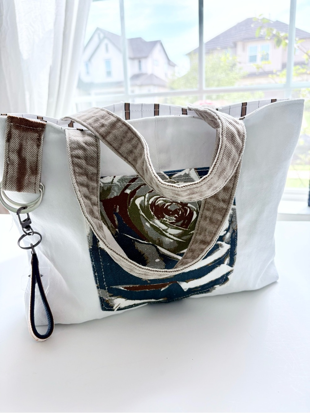 Upcycled Denim Tote Bag in White and Tan